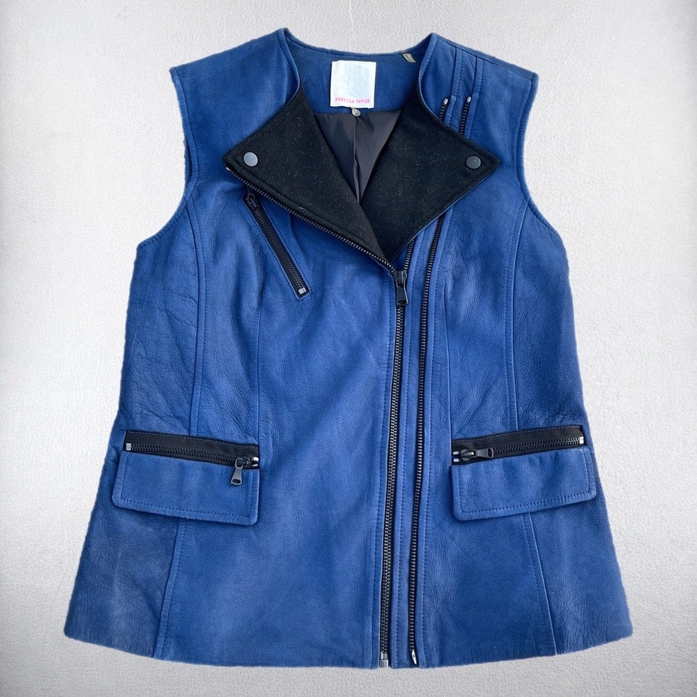 Rebecca Taylor Vest Womens Medium Blue Genuine Lamb Leather Moto Biker Zip